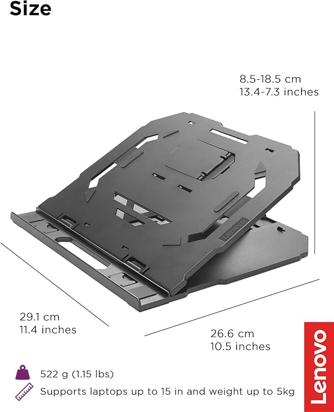 Lenovo 2-in-1 Laptop Stand - Adjustable, Portable, Foldable, Ergonomic, Non-Slip, Compatible with Laptops up to 15" and Cell Phones, Ideal for Travel