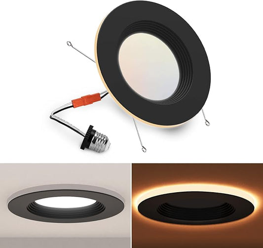 1 Pack Black 5/6 Inch LED Can Lights with Night Light, 5CCT Retrofit Recessed Lighting Selectable 2700K-6000K Dimmable, 12W=75W, 1200LM Downlight with Metal Smooth Trim-ETL and Energy Star