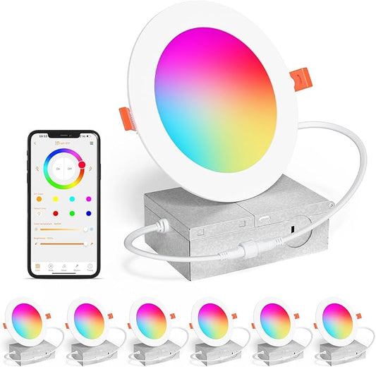 Smart Recessed Lighting 4 Inch RGBCW Color Changing 12W LED Downlight with Junction Box,1080 Lumen Recessed Ceiling Light Compatible with Alexa,Dimmable by Bluetooth Control -6Pack
