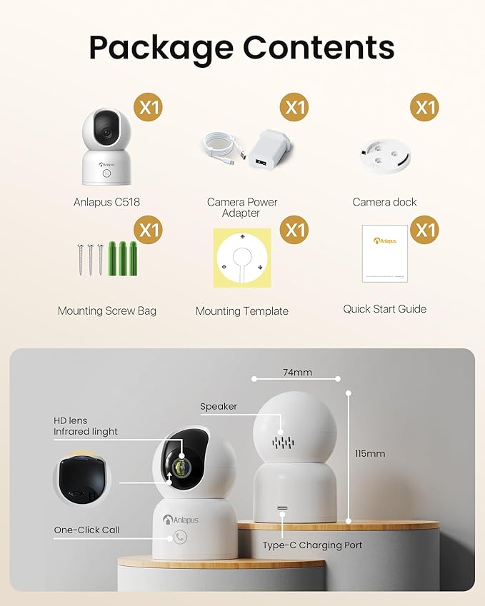 Anlapus 2MP Home Security Indoor Camera, C518 1080p Pan/Tilt WiFi Camera, 2.4/5 GHz 360° Plug-in Camera, Motion Detection, One-Touch Call, Auto Tracking, Night Vision (Memory Card Not Include)