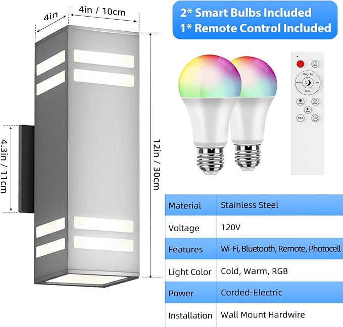 SHIMR Smart Outdoor Wall Light, RGBCW Color Changing WiFi & Bluetooth LED Sconce, Stainless Steel, Dusk to Dawn Sensor, Waterproof Exterior Lighting Fixture with E26 Base, Work with Alexa & Google