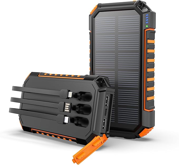 Hiluckey Power Bank Solar Charger 27000mAh Built in 3 Cables Five Outputs 15W Fast Charging Power Bank for All Mobile Devices Solar Portable Charger with Dual Flashlights