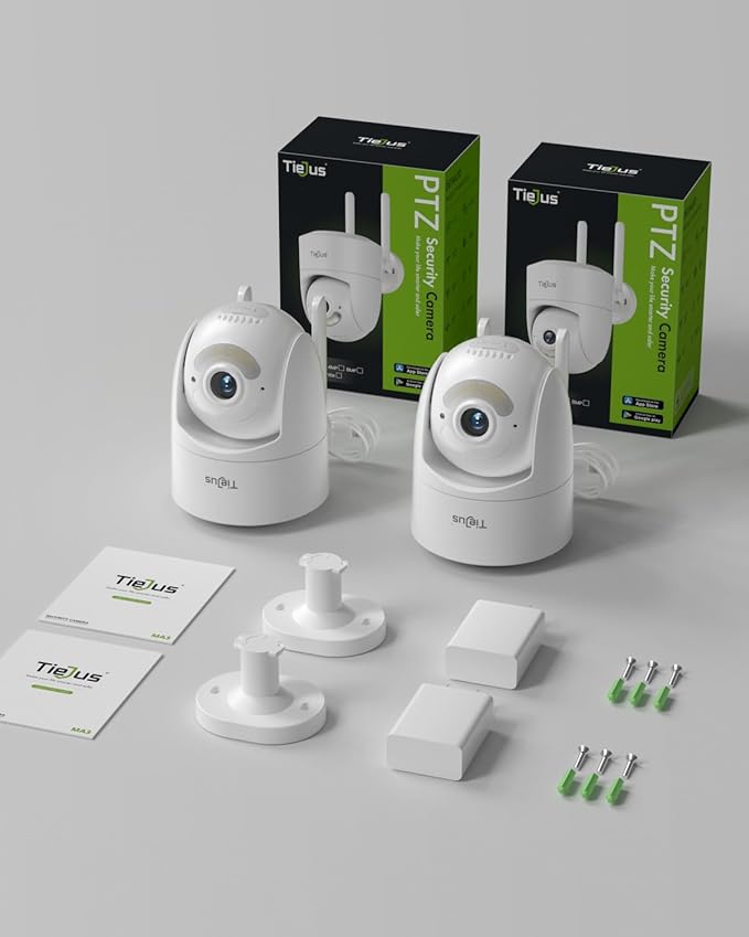 5G/2.4G Security Camera Outdoor, 24/7 Recording Wired Cameras for Home Security, Plug-in Power, 360° PTZ, Auto Tracking, Color Night Vision, IP66 Waterproof, SD/Cloud Storage, White-2 Packs