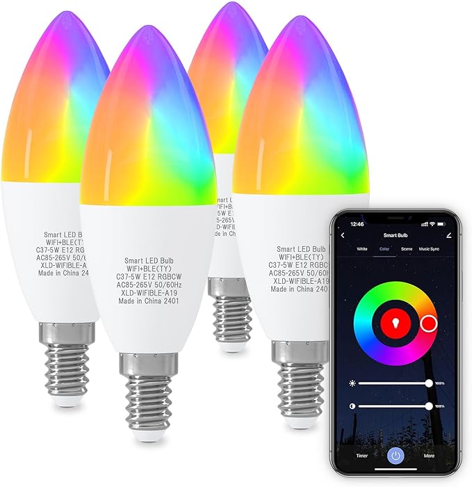 ORALUCE Smart Light Bulbs, WiFi&Bluetooth E12 Smart Bulbs That Work with Alexa Google Home Compatible, 40W Equivalent Type B LED Light Bulb, RGBCW 2700-6500K Color Changing, 5W 450LM, 4Pack, (C37-5W)