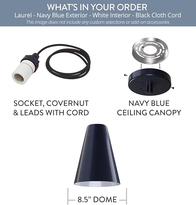 Steel Lighting Co. Laurel Pendant Light | Ceiling Mounted | 8.5 inch Cone Shade | Modern Contemporary Farmhouse Style Made in America | Black Cloth Cord | Navy Blue Exterior/White Interior