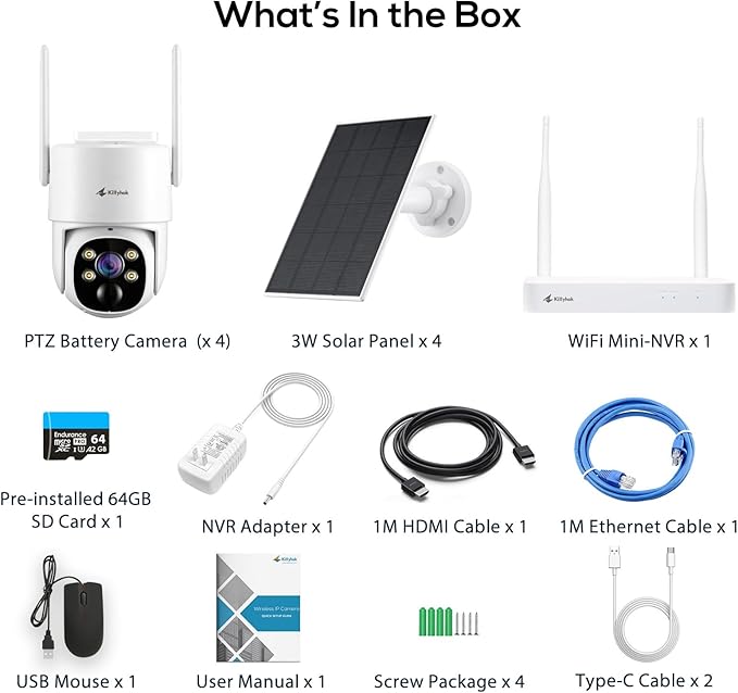 Kittyhok Solar Security Cameras Wireless Outdoor, 360° Pan & Tilt Home Security Camera, No Subscription, 2K Clarity, Color Night Vision, WiFi6 NVR with 64GB microSD Card, Local Storage, 5G & 2.4G WiFi