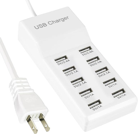 White 10-Port USB Charging Station for Phones, Tablets, Smartphones and Watch - 10 USB-A Ports