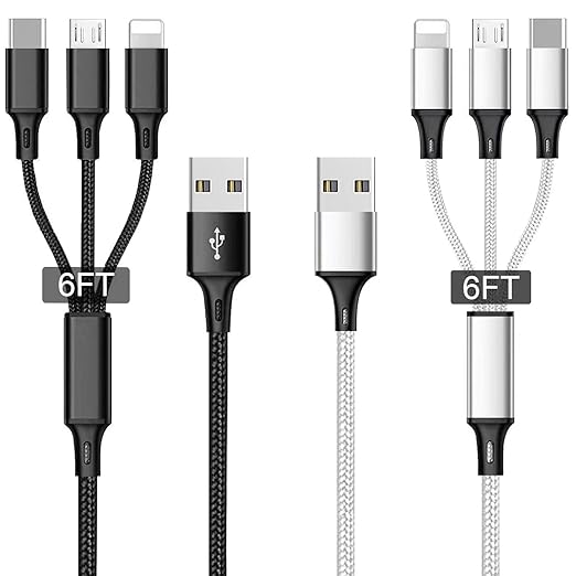 Multi USB Charging Cable 3A, (2Pack 6.6FT)3 in 1 Fast Charger Cord Connector with Dual Phone/Type C/Micro USB Port Adapter, Compatible with Tablets Phone 12 11 Pro 8 7 6 Samsung Galaxy(Charging Only)