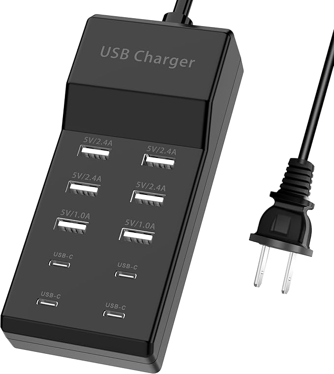 USB Charger, Charging Station with 10-Port for Phones, Watch,Tablets, Smartphones (Black, 6 USB-A & 4 USB-C)