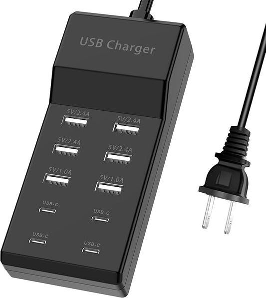 USB Charger, Charging Station with 10-Port for Phones, Watch,Tablets, Smartphones (Black, 6 USB-A & 4 USB-C)