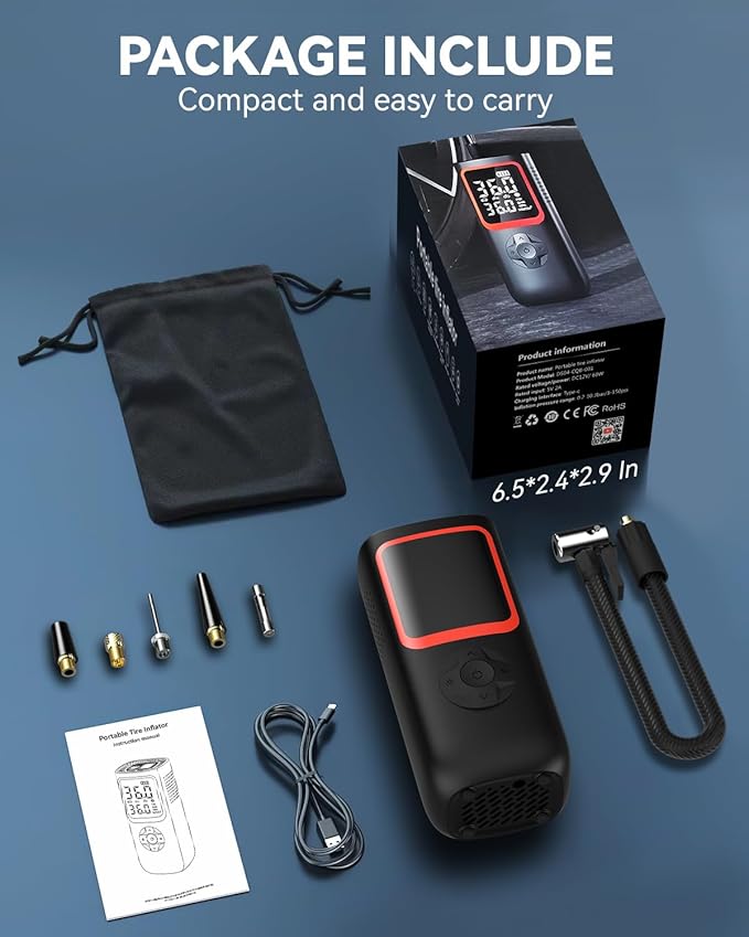 Tire Inflator Portable Air Compressor - 150PSI Portable Tire Inflator with Pressure Gauge, 4X Faster Portable Air Compressor for Car Tires, Air Pump with LED Light for Car, Motorcycle, Bike
