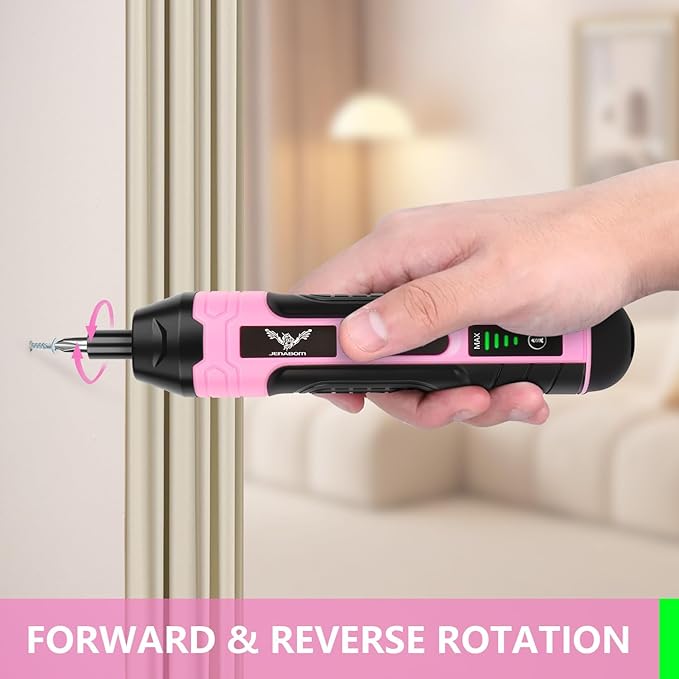 Electric Screwdriver Pink, 3.6V Rechargeable Cordless Screwdriver, 5N.m Max Torque, 4-Gear Torque, LED Light, 105 Pcs, Ideal for Women Daily & Light Industrial Use