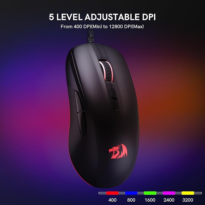 Redragon Wired Gaming Mouse, Black PC Gaming Mice with RGB Backlits, 7 Programmable Macro Buttons, Max 12800 DPI, 1000Hz Polling Rate, Cool Corded Optical Mouse for Computer/PC/Laptop/Gamer, M718-AIR