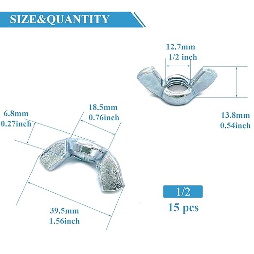 15 PCS 1/2-12 Inch Wingnuts, Quality Carbon Steel Wing Nuts Zinc Plated Fasteners Parts Butterfly Nut, Hand Twist Tighten Hardware Nuts Butterfly Wing-Nut 1/2-12” Assorted Kit