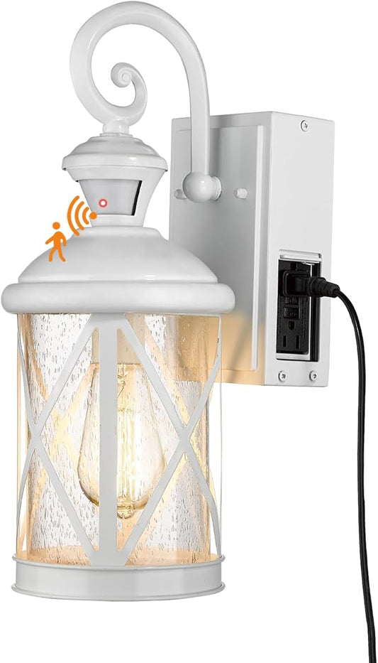 Darkaway Motion Sensor Outdoor Wall Light Dusk to Dawn Outdoor Porch Light with GFCI Outlet Waterproof Exterior Wall Sconce with Seeded Glass White Lighting Fixture for House Patio Garage
