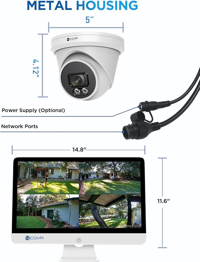 4COVR 8MP Security Camera System with Monitor & AI Human Vehicle Detection, 8 Channel H.265 NVR with 2TB HDD, 8Pcs 8MP IP67 PoE IP Dome Camera Night Vision with Mic, 24/7 Recording, LY97SA8MU808
