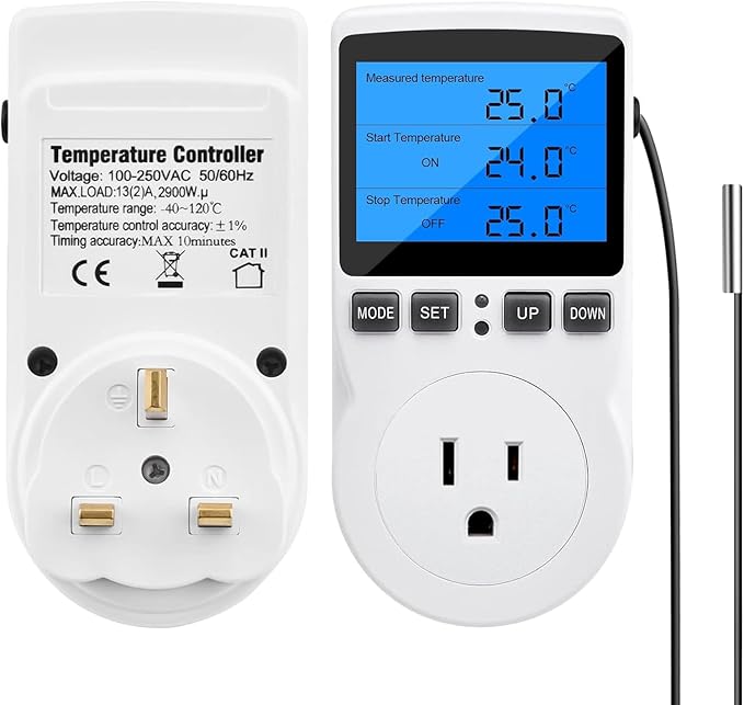 Diymore Digital Thermostat Temperature Controller Electric Digital RV Thermostat Heating Cooling Control Mode Timer 1800W 120V 15A Incubator Thermometer Reptile Thermostat Greenhouse Pool Thermometer