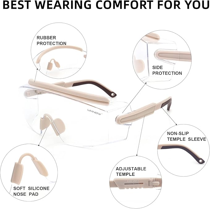 UKNOW Safety Goggles Over Glasses, Anti Fog Safety Glasses with Clear Wraparound Lens, ANSI Z87.1 Protective Eyewear