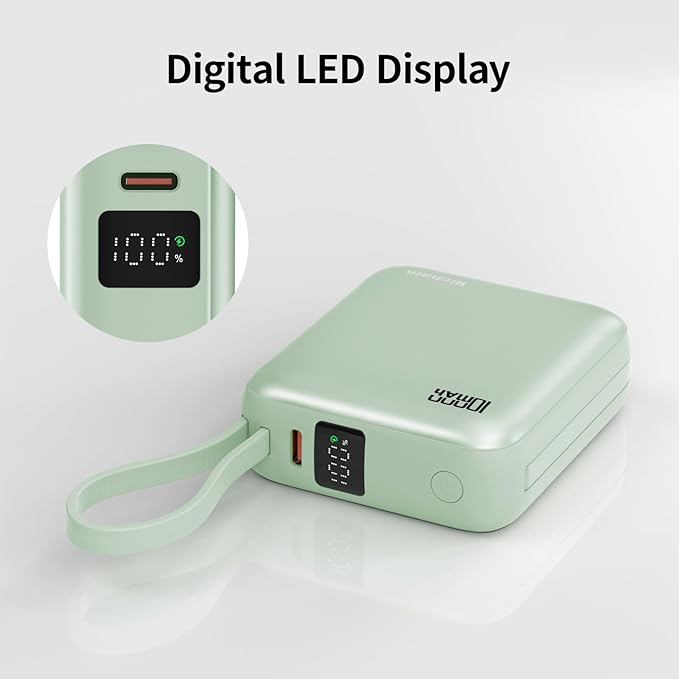 Hichain Portable Charger with Dual Built-in Cables 10000mAh Small Power Bank 22.5W Fast Charging Mini Powerbank LED Display Travel Essential Battery Pack for iPhone 17 16 15 14 13 All Series Green