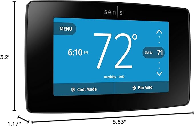 Emerson Sensi Touch Wi-Fi Smart Thermostat with Touchscreen Color Display, Works with Alexa, Energy Star Certified, C-wire Required, ST75 Black 5.625" x 3.4" x 1.17"