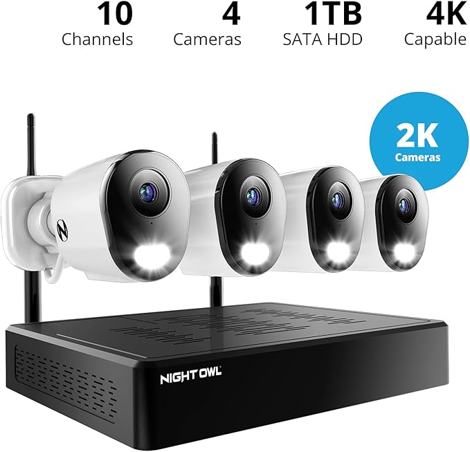Night Owl 10 Channel Bluetooth Video Home Security Camera System with (4) Plug-in Wi-Fi 2K HD Indoor/Outdoor Spotlight Cameras with 2-Way Audio and 1TB Hard Drive (Expandable up to 10 Cameras)