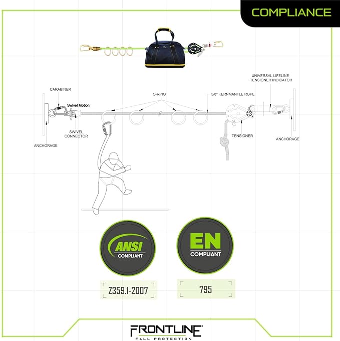 Frontline HLK1004 4-Person 100' Adjustable Horizontal Lifeline System with 6' Anchor Straps | OSHA & ANSI Compliant | Comes in Frontline Bag