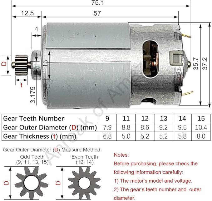 RS550 18V 14 Teeth (Φ9.5mm) Motor Replacement for Power Tools, 9.6-25V 9-15 Teeth 25000 RPM Motor for Rechargeable Screwdriver