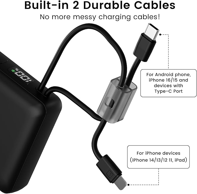 LUCKYDUO Small Portable Charger, Fast charging 22.5W Slim Power Bank 10000mAh with Built-in Cables, LED Display USB-C Mini Battery Pack Travel Essential, Compatible with iPhone, Samsung,Android, White