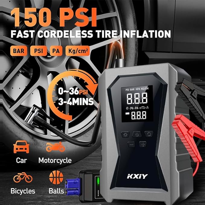 Air Jump Starter with Air Compressor, Car Battery Jumper Starter Portable (6.0 Gas/3.0L Diesel) with 150PSI Cordless Auto-Shutoff Tire Inflator, 12V Battery Charger Booster