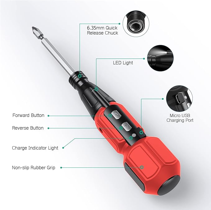 ORIA Mini Electric Screwdriver, Cordless Electric Screwdriver, 12 in 1 Rechargeable Screwdriver Set with 10 Screwdriver Bits, 1/4 inch Bit Holder, LED Light, Charging Cable, for Phones,Toys, PC