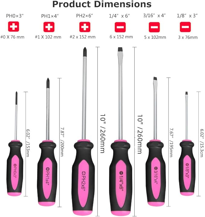 Vickay Magnetic Screwdrivers Set, 6 Pieces Slotted & Phillips Screwdriver with Permanent Magnetic Tips, Ergonomic Comfortable Handle,Rust Resistant Heavy Duty DIY Hand Tool Kit - Pink