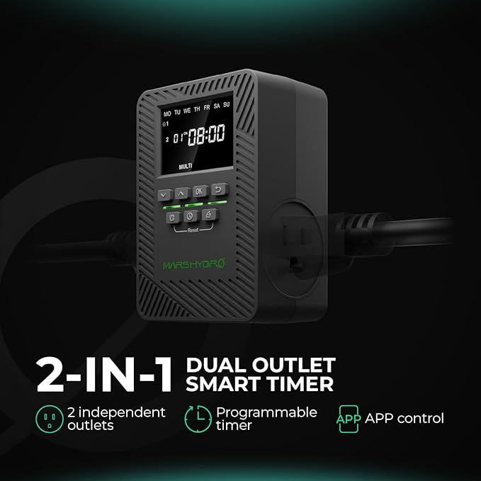 2025 MARS Hydro ITime 2-in-1 Smart Timer Outlet Dual Outlet App Control Custom Programmable 12 On/Off Heavy Duty Plug-in Outlet Timer with Countdown Setting