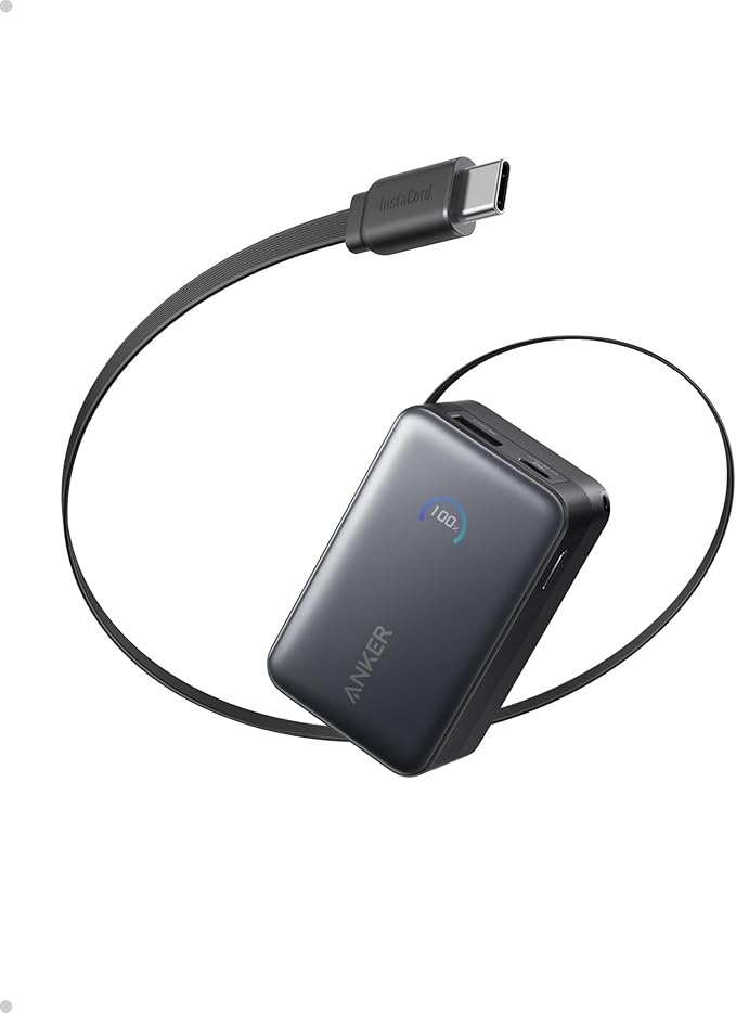 Anker Nano Power Bank, 10,000mAh Portable Charger with 2.3 ft InstaCord Retractable Cable, 45W Max Compact Battery Pack, Smart Display, for iPhone 16 Series, iPad, Galaxy, Pixel, and More