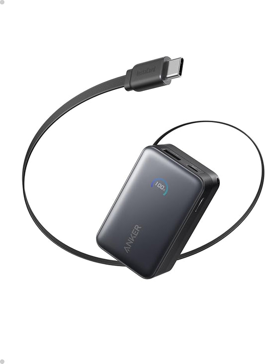 Anker Nano Power Bank, 10,000mAh Portable Charger with 2.3 ft InstaCord Retractable Cable, 45W Max Compact Battery Pack, Smart Display, for iPhone 16 Series, iPad, Galaxy, Pixel, and More