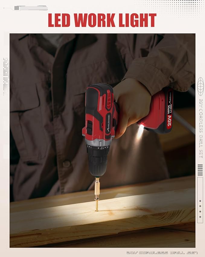 AVID POWER 20V MAX Power Drill Kit, Cordless Drill Set with Battery and Charger, 2 Variable Speed, 3/8-Inch Keyless Chuck, 19 Position and 22pcs Bits