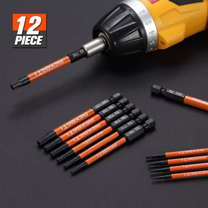 REXBETI 12 Piece Torx Head Screwdriver Bit Set, 1/4 Inch Hex Shank S2 Steel Magnetic 3 Inch Long Drill Bits, T5-T40 (Torx Head)
