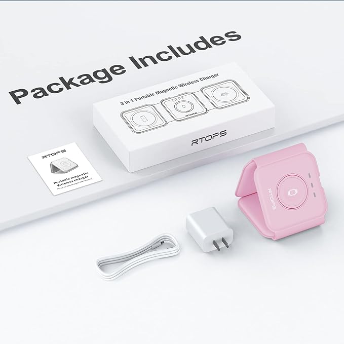 Wireless Charger 3 in 1,RTOPS Magnetic Travel Wireless Charging Station Multple Devices,GaN 3 in 1 Charging Station,Compatible for iPhone16/15/14/13/Pro/Max,iWatch,AirPods4/3/2/Pro(Adapter Includes)