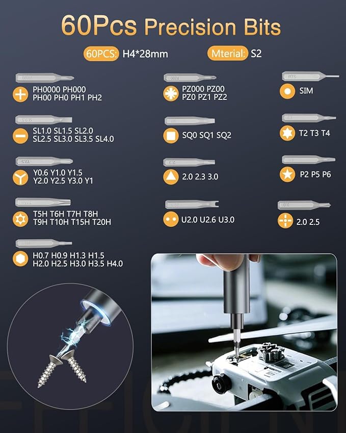 Electric Screwdriver Set, 62-in-1 Mini Electric Screwdriver, 3.7V Rechargeable Power Screwdriver Kit with 60 Magnetic Precision Bits, OLED Display for PC, Phones, Electronics, DIY