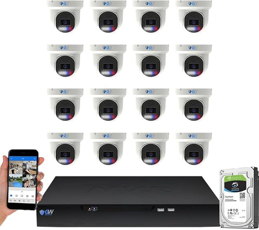 GW Security UltraHD 4K Face Recognition Two-Way Audio 16 Channel Security Camera System with 16 x 8MP @25FPS Waterproof Alarm Light PoE Bullet Cameras, 10 Smart AI Functions, NDAA & TAA Compliant