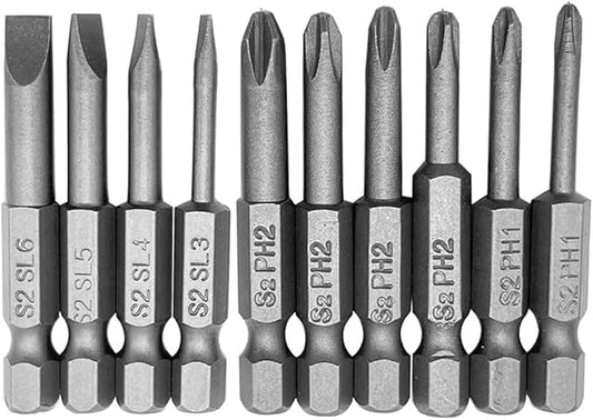 10Pcs 50mm Magnetic Screwdriver Bit Sets Phillips and Slotted Screwdriver Bit 1/4 Inch Hex Shank Drill Bit S2 Steel