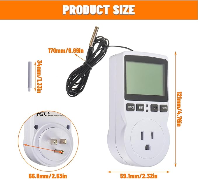 110V Digital Temperature Controller, LCD Screen Heating Cooling Thermostat Outlet Socket with Sensor Timer Regulator for Reptile Incubator Greenhouse Brewing Refrigerator