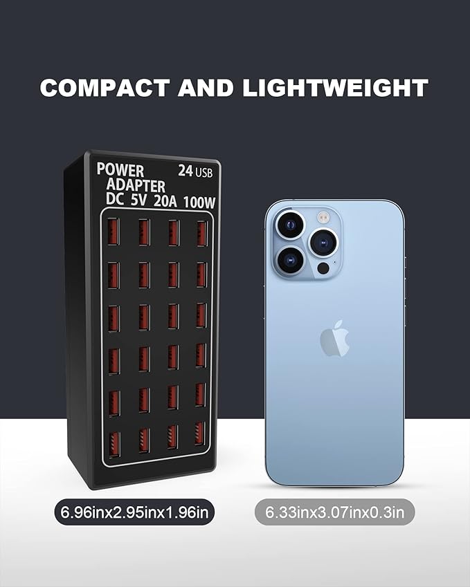24-Port 100 watt (20 A) USB Charging Station, Travel Desktop USB Rapid Charger, Multi Ports Fast Charger Station Organizer Compatible with Smartphones, Tables, and More Devices