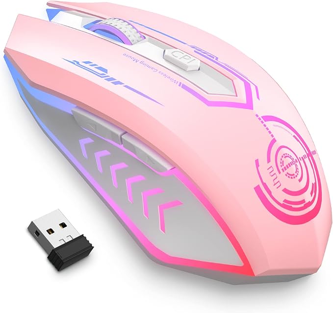 UHURU Gaming Mouse, Wireless Gaming Mouse with 6 Buttons 7 Changeable LED Color up to 10000 DPI, Rechargeable USB Gamer Mouse for PC Laptop (Pink)