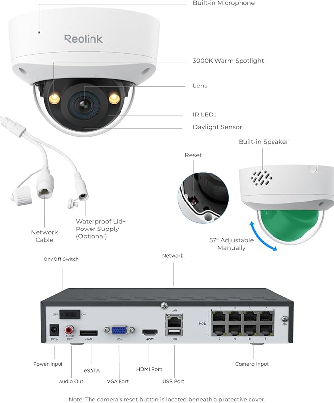 Reolink 12MP 8CH PoE Security Camera System with IK10 Vandalproof, 4pcs Dome PoE Cams Outdoor, Spotlights Color Night Vision, Built-in 2TB HDD, Smart AI Detection, Two-Way Talk, RLK8-1200V4