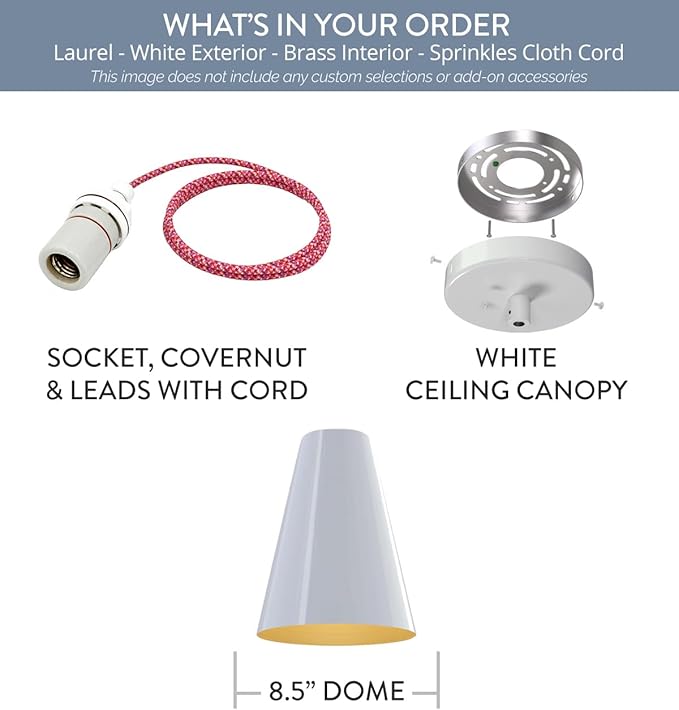 Steel Lighting Co. Laurel Pendant Light | Ceiling Mounted | 8.5 inch Cone Shade | Modern Contemporary Farmhouse Style Made in America | Sprinkles Cloth Cord | White Exterior/Brass Interior