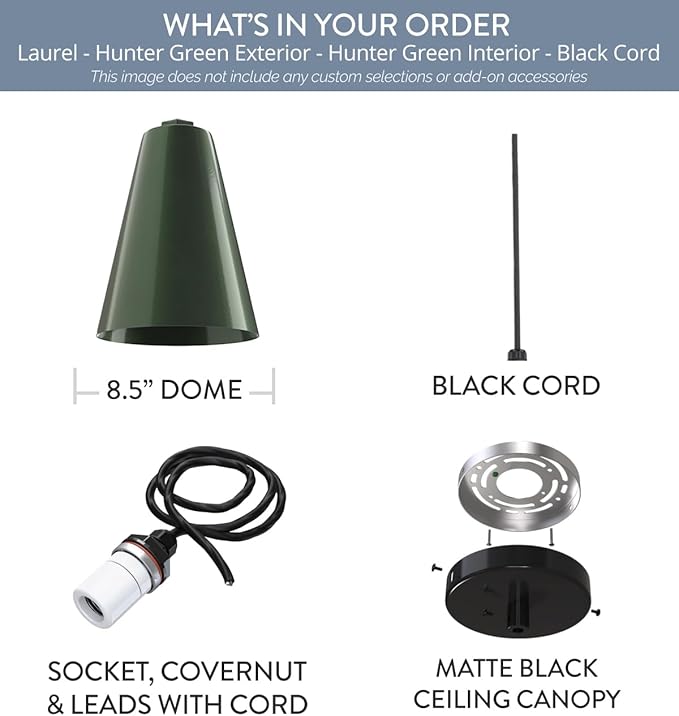 Steel Lighting Co. Laurel Pendant Light | Ceiling Mounted | 8.5 inch Cone Shade | Modern Contemporary Farmhouse Style Made in America | Black Cord |Hunter Green Exterior/Hunter Green Interior