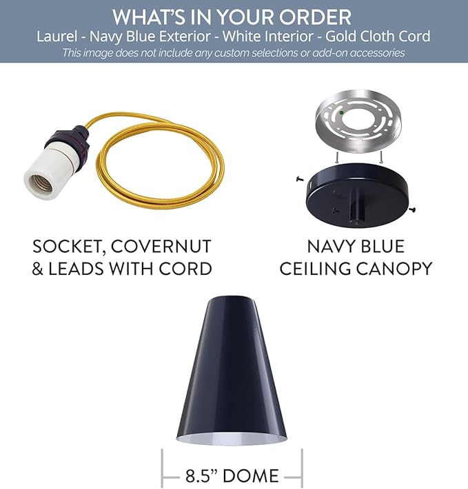 Steel Lighting Co. Laurel Pendant Light | Ceiling Mounted | 8.5 inch Cone Shade | Modern Contemporary Farmhouse Style Made in America | Gold Cloth Cord | Navy Blue Exterior/White Interior