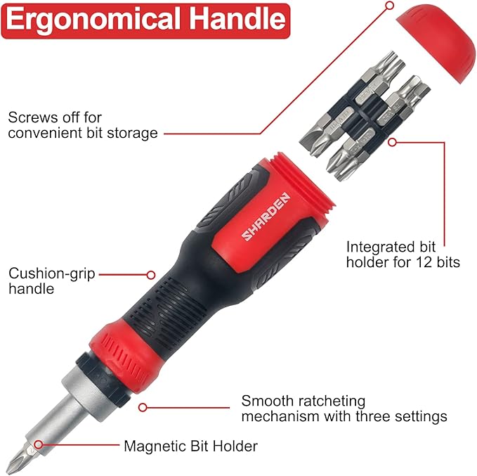 SHARDEN Ratchet Screwdriver 13-in-1 Ratcheting Screwdriver Set Multi Screwdriver Tool All in One with Torx Security, Flat Head, Phillips, Hex, Square and 1/4 Nut Driver