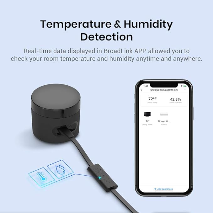 BroadLink RM4 Mini Smart Remote and Sensor Cable Set RM4 Mini S (2.4 GHz Wi-Fi Only), Universal IR Remote Control Hub with Temperature Humidity Monitor USB Cable, Works with Alexa