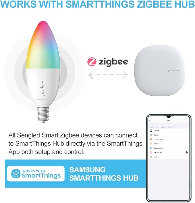Sengled Zigbee Smart Candelabra Bulbs, Hub Required, Dimmable Multicolor E12 LED Candle Light Bulb Work with Alexa Echo(4th Gen), Echo Plus, Google/SmartThings, Voice/APP Control, 450 LM/40W Eqv. 4PK